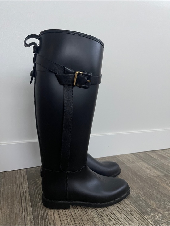Burberry Shoes - Burberry Tall Black Rain Boots with Leather Buckle Detail